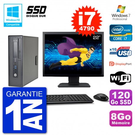 PC HP EliteDesk 800 G1 SFF Ecran 22" i7-4790 8Go SSD 120Go Graveur DVD Wifi W7