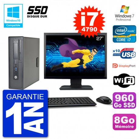 PC HP EliteDesk 800 G1 SFF Ecran 27" i7-4790 8Go SSD 960Go Graveur DVD Wifi W7
