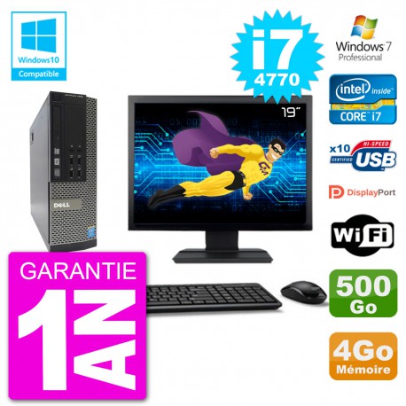 PC Dell 7020 SFF Ecran 19" Intel i7-4770 RAM 4Go Disque 500Go Graveur DVD Wifi W7