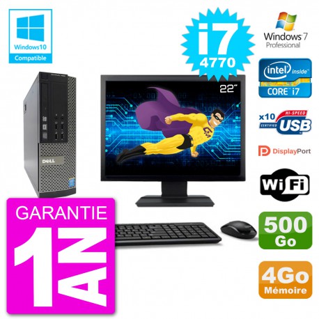 PC Dell 7020 SFF Ecran 22" Intel i7-4770 RAM 4Go Disque 500Go Graveur DVD Wifi W7