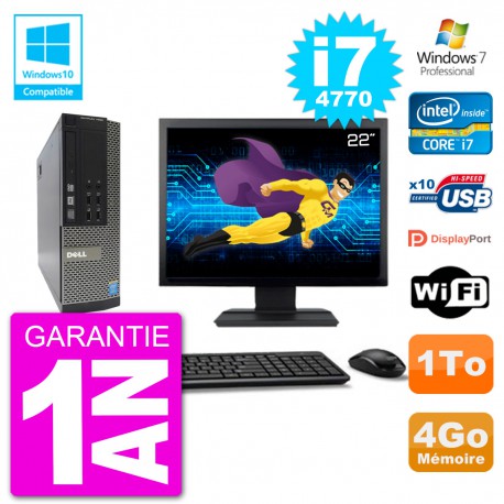 PC Dell 7020 SFF Ecran 22" Intel i7-4770 RAM 4Go Disque 1To Graveur DVD Wifi W7