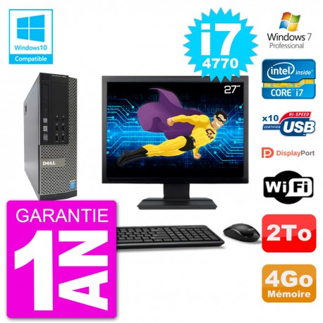 PC Dell 7020 SFF Ecran 27" Intel i7-4770 RAM 4Go Disque 2To Graveur DVD Wifi W7