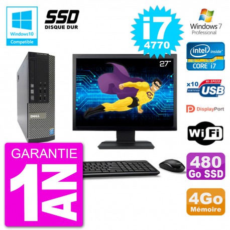 PC Dell 7020 SFF Ecran 27" Intel i7-4770 RAM 4Go SSD 480Go Graveur DVD Wifi W7
