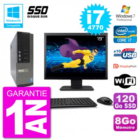 PC Dell 7020 SFF Ecran 19" Intel i7-4770 RAM 8Go SSD 120Go Graveur DVD Wifi W7