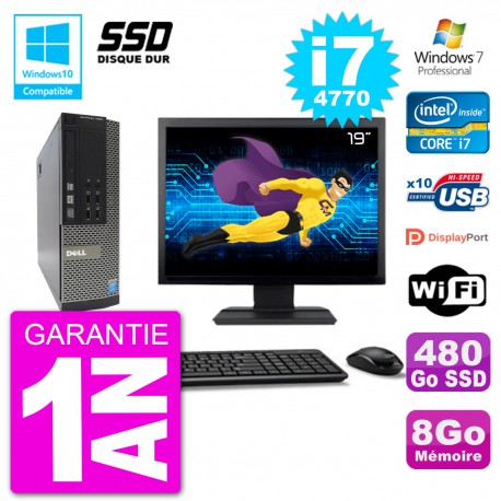 PC Dell 7020 SFF Ecran 19" Intel i7-4770 RAM 8Go SSD 480Go Graveur DVD Wifi W7