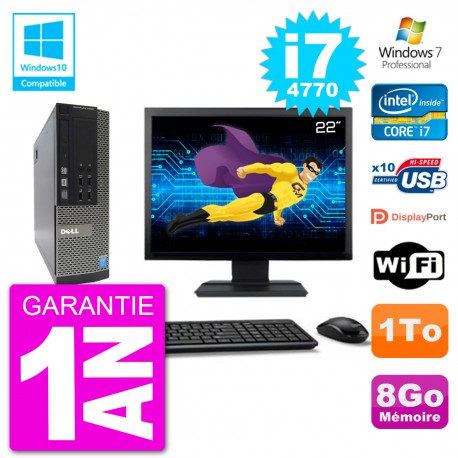 PC Dell 7020 SFF Ecran 22" Intel i7-4770 RAM 8Go Disque 1To Graveur DVD Wifi W7