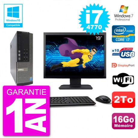 PC Dell 7020 SFF Ecran 19" Intel i7-4770 RAM 16Go Disque 2To Graveur DVD Wifi W7