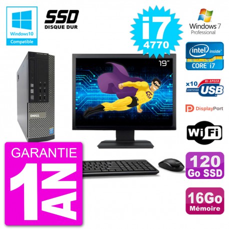 PC Dell 7020 SFF Ecran 19" Intel i7-4770 RAM 16Go SSD 120Go Graveur DVD Wifi W7