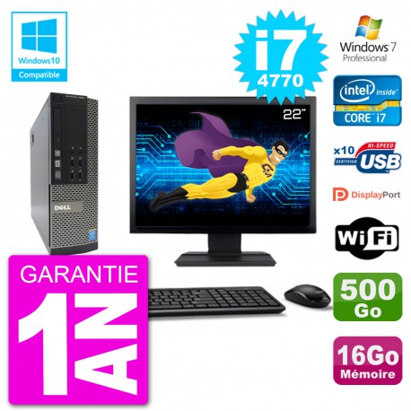 PC Dell 7020 SFF Ecran 22" Intel i7-4770 RAM 16Go Disque 500Go Graveur DVD Wifi W7