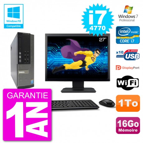 PC Dell 7020 SFF Ecran 27" Intel i7-4770 RAM 16Go Disque 1To Graveur DVD Wifi W7