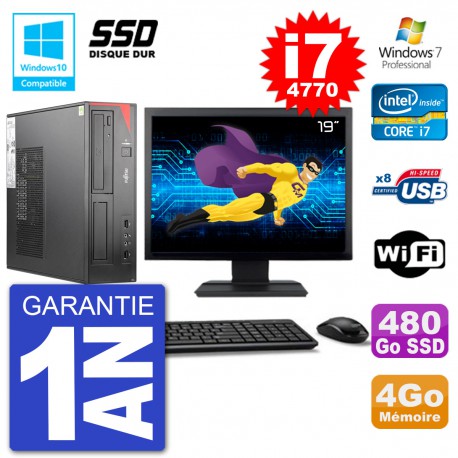PC Fujitsu Esprimo E520 DT Ecran 19" i7-4770 4Go SSD 480Go Graveur DVD Wifi W7