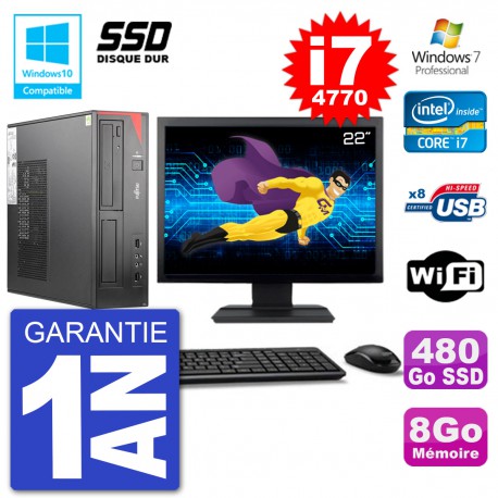 PC Fujitsu Esprimo E520 DT Ecran 22" i7-4770 8Go SSD 480Go Graveur DVD Wifi W7