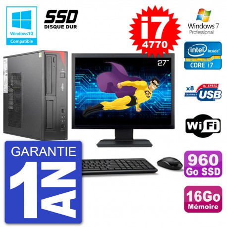 PC Fujitsu Esprimo E520 DT Ecran 27" i7-4770 16Go SSD 960Go Graveur DVD Wifi W7