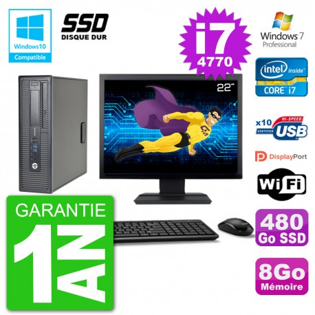 PC HP EliteDesk 800 G1 SFF Ecran 22" i7-4770 8Go SSD 480Go Graveur DVD Wifi W7