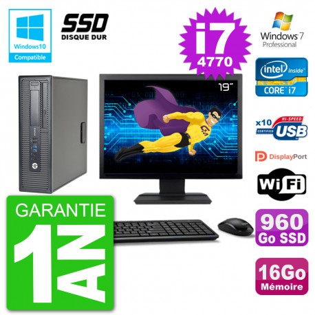 PC HP EliteDesk 800 G1 SFF Ecran 19" i7-4770 16Go SSD 960Go Graveur DVD Wifi W7
