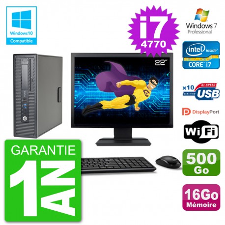 PC HP EliteDesk 800 G1 SFF Ecran 22" i7-4770 16Go 500Go Graveur DVD Wifi W7