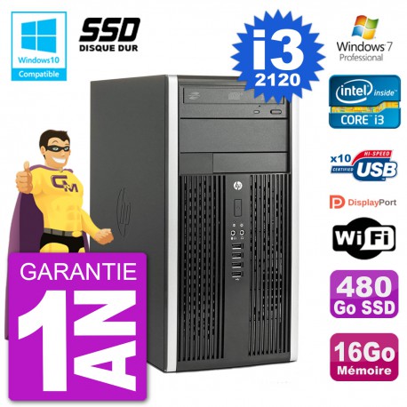 PC HP 6300 MT Intel Core I3-2120 RAM 16Go SSD 480Go Graveur DVD Wifi W7