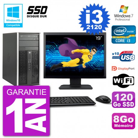 PC HP 6300 MT Ecran 19" Core i3-2120 RAM 8Go SSD 120Go Graveur DVD Wifi W7