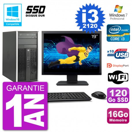 PC HP 6300 MT Ecran 19" Core i3-2120 RAM 16Go SSD 120Go Graveur DVD Wifi W7