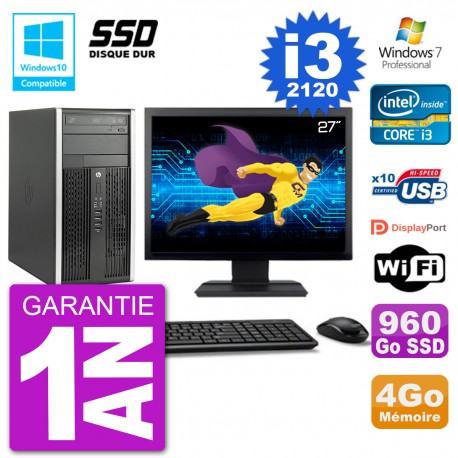 PC HP 6300 MT Ecran 27" Core i3-2120 RAM 4Go SSD 960Go Graveur DVD Wifi W7
