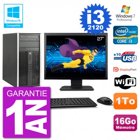 PC HP 6300 MT Ecran 27" Core i3-2120 RAM 16Go Disque 1To Graveur DVD Wifi W7