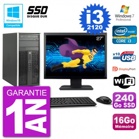 PC HP 6300 MT Ecran 27" Core i3-2120 RAM 16Go SSD 240Go Graveur DVD Wifi W7