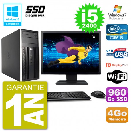 PC HP 6300 MT Ecran 19" Core i5-2400 RAM 4Go SSD 960Go Graveur DVD Wifi W7