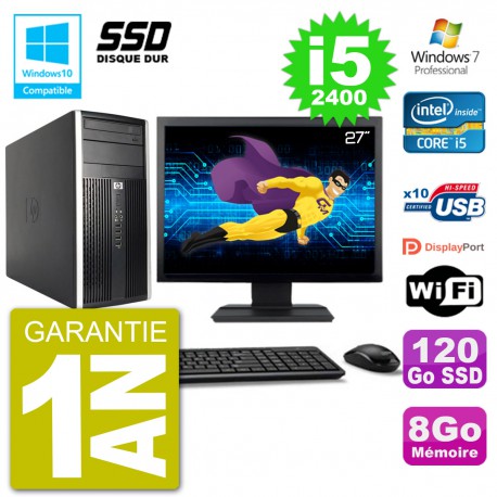 PC HP 6300 MT Ecran 27" Core i5-2400 RAM 8Go SSD 120Go Graveur DVD Wifi W7