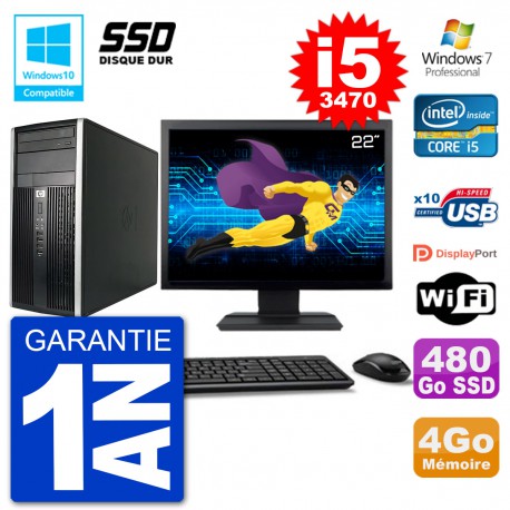PC HP 6300 MT Ecran 22" Core i5-3470 RAM 4Go SSD 480Go Graveur DVD Wifi W7