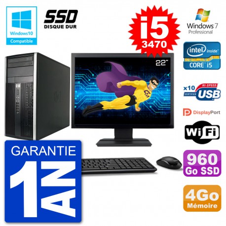 PC HP 6300 MT Ecran 22" Core i5-3470 RAM 4Go SSD 960Go Graveur DVD Wifi W7