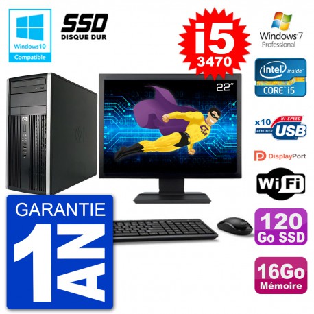 PC HP 6300 MT Ecran 22" Core i5-3470 RAM 16Go SSD 120Go Graveur DVD Wifi W7