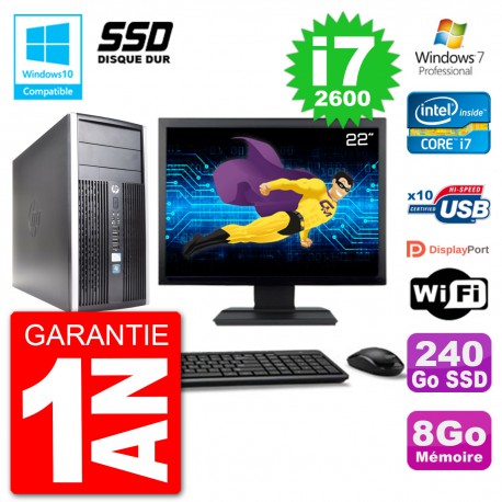 PC HP 6300 MT Ecran 22" Core i7-2600 RAM 8Go SSD 240Go Graveur DVD Wifi W7