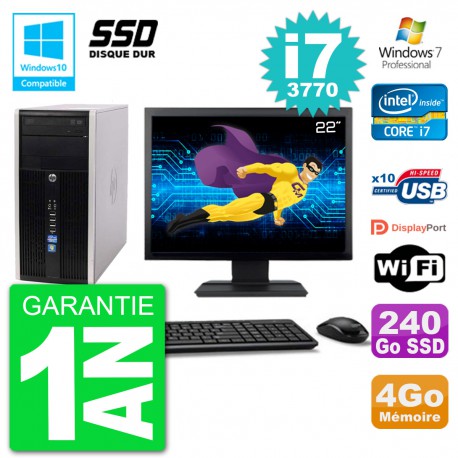 PC HP 6300 MT Ecran 22" Core i7-3770 RAM 4Go SSD 240Go Graveur DVD Wifi W7