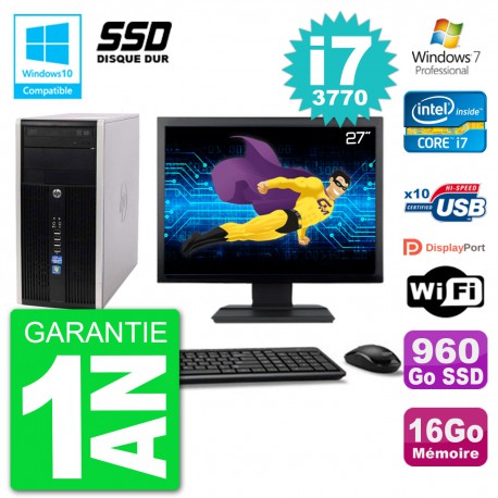 PC HP 6300 MT Ecran 27" Core i7-3770 RAM 16Go SSD 960Go Graveur DVD Wifi W7
