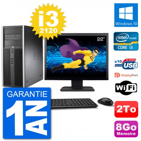 PC Tour HP 8200 Ecran 22" Intel Core i3-2120 RAM 8Go Disque 2To Windows 10 Wifi