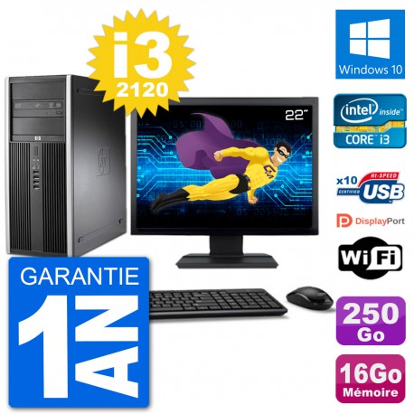 PC Tour HP 8200 Ecran 22" Core i3-2120 RAM 16Go Disque 250Go Windows 10 Wifi