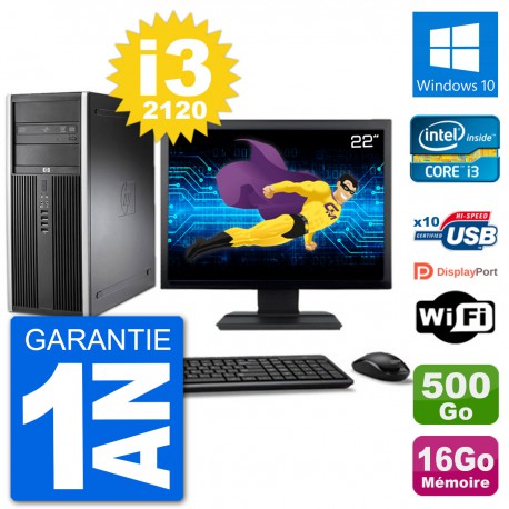 PC Tour HP 8200 Ecran 22" Core i3-2120 RAM 16Go Disque 500Go Windows 10 Wifi