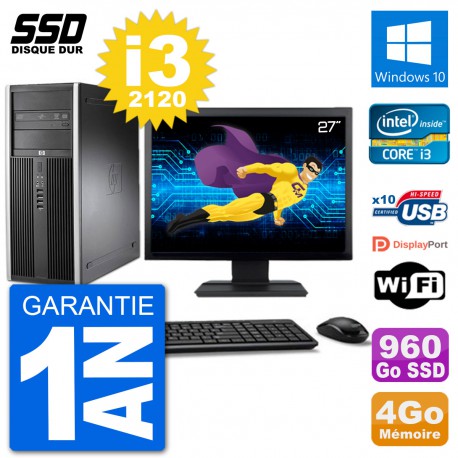 PC Tour HP 8200 Ecran 27" Intel Core i3-2120 RAM 4Go SSD 960Go Windows 10 Wifi
