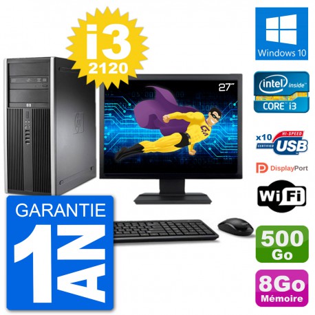 PC Tour HP 8200 Ecran 27" Core i3-2120 RAM 8Go Disque 500Go Windows 10 Wifi