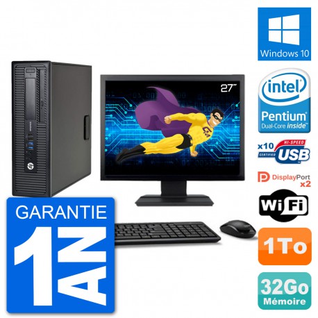 PC HP EliteDesk 800 G1 Ecran 27" Intel G3220 RAM 32Go Disque 1To Windows 10 Wifi