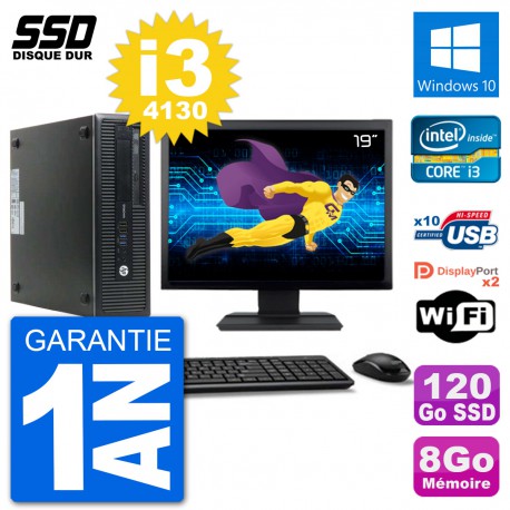PC HP EliteDesk 800 G1 Ecran 19" Core i3-4130 RAM 8Go SSD 120Go Windows 10 Wifi