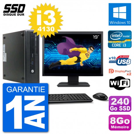 PC HP EliteDesk 800 G1 Ecran 19" Core i3-4130 RAM 8Go SSD 240Go Windows 10 Wifi