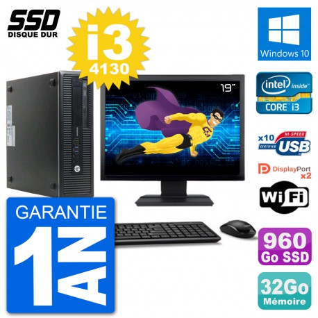 PC HP EliteDesk 800 G1 Ecran 19" Core i3-4130 RAM 32Go SSD 960Go Windows 10 Wifi