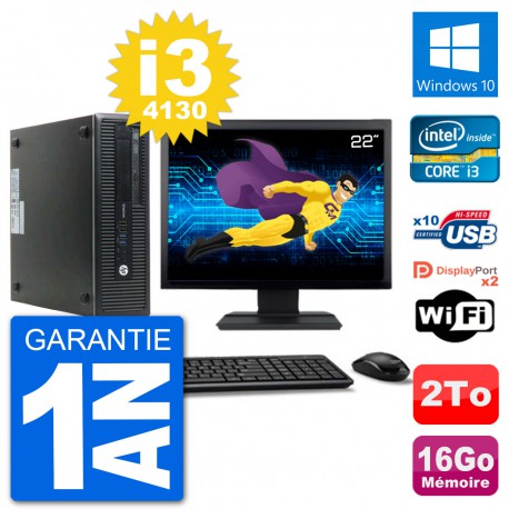 PC HP 800 G1 Ecran 22" Core i3-4130 RAM 16Go Disque 2To Windows 10 Wifi