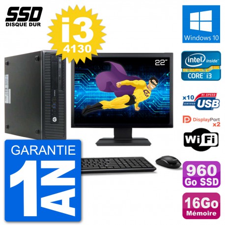 PC HP EliteDesk 800 G1 Ecran 22" Core i3-4130 RAM 16Go SSD 960Go Windows 10 Wifi