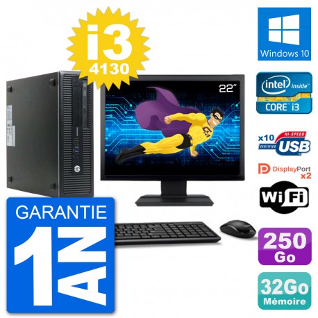 PC HP 800 G1 Ecran 22" Core i3-4130 RAM 32Go Disque 250Go Windows 10 Wifi