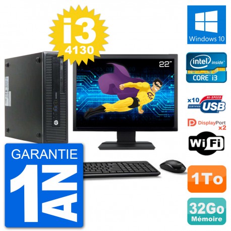 PC HP 800 G1 Ecran 22" Core i3-4130 RAM 32Go Disque 1To Windows 10 Wifi