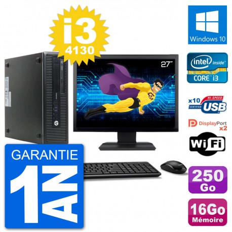 PC HP 800 G1 Ecran 27" Core i3-4130 RAM 16Go Disque 250Go Windows 10 Wifi