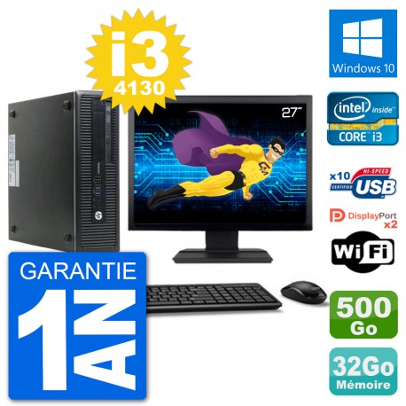 PC HP 800 G1 Ecran 27" Core i3-4130 RAM 32Go Disque 500Go Windows 10 Wifi