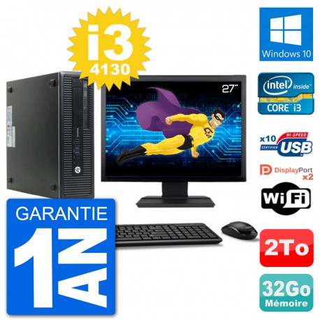 PC HP 800 G1 Ecran 27" Core i3-4130 RAM 32Go Disque 2To Windows 10 Wifi